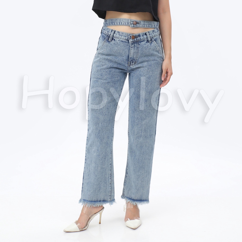 HOPYLOVY Celana Boyfriend Jeans Wanita Highwaist Jeans Rawis Double Button Gista