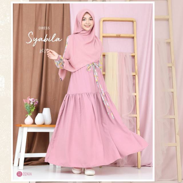 Gamis Syabila Dress Zizara Kode B01 Warna Pink Busui Syari Cantik Casual Manis Polos Mix Motif