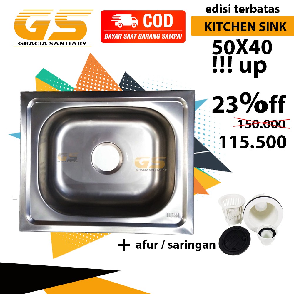 Tempat cuci piring 50 x 40 cm / Wastafel Kitchen Sink Stainless Steel + AFUR / SARINGAN