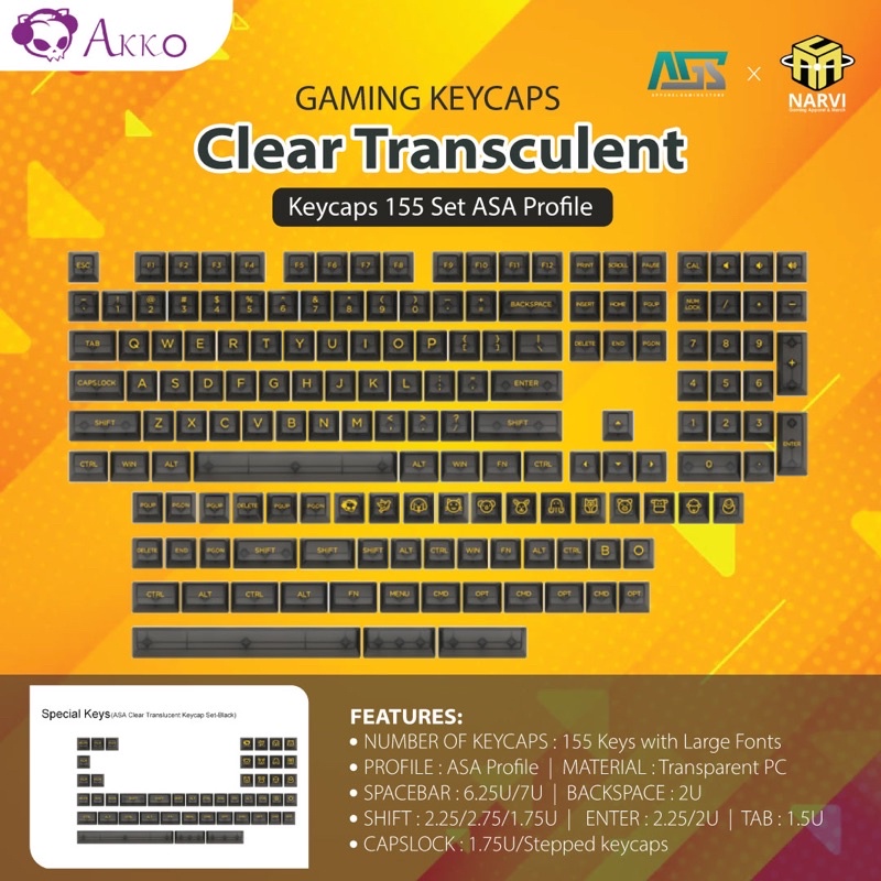 AKKO Clear ASA Profile 155 Transparent Keycaps for Mechanical Keyboard