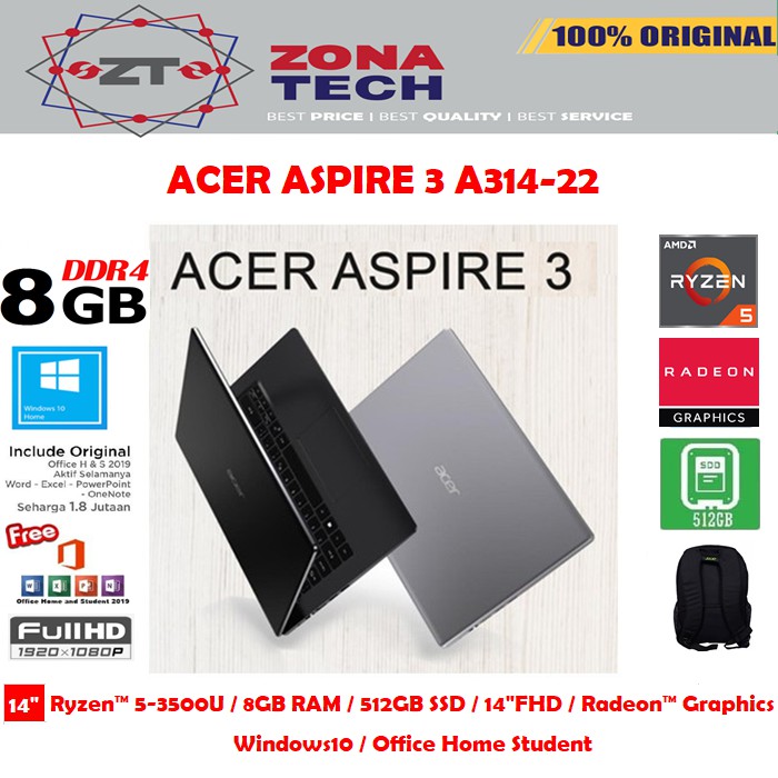 laptop acer aspire 3 slim a314 22   ryzen 5 3500u   8gb   512gb ssd   radeon   14    win10   office