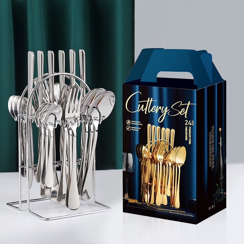 24Pcs Sendok Garpu Set Emas/Perak Cutlery Set Mewah Barat Peralatan Makan Dapur Makan Pesta Pisau Stainless Steel Sendok Garpu