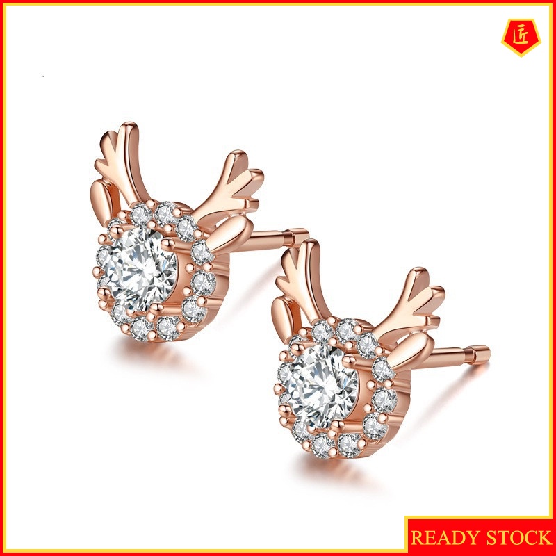 [Ready Stock]New 925 Silver Rose Gold Diamond Elk-Shaped Stud Earrings
