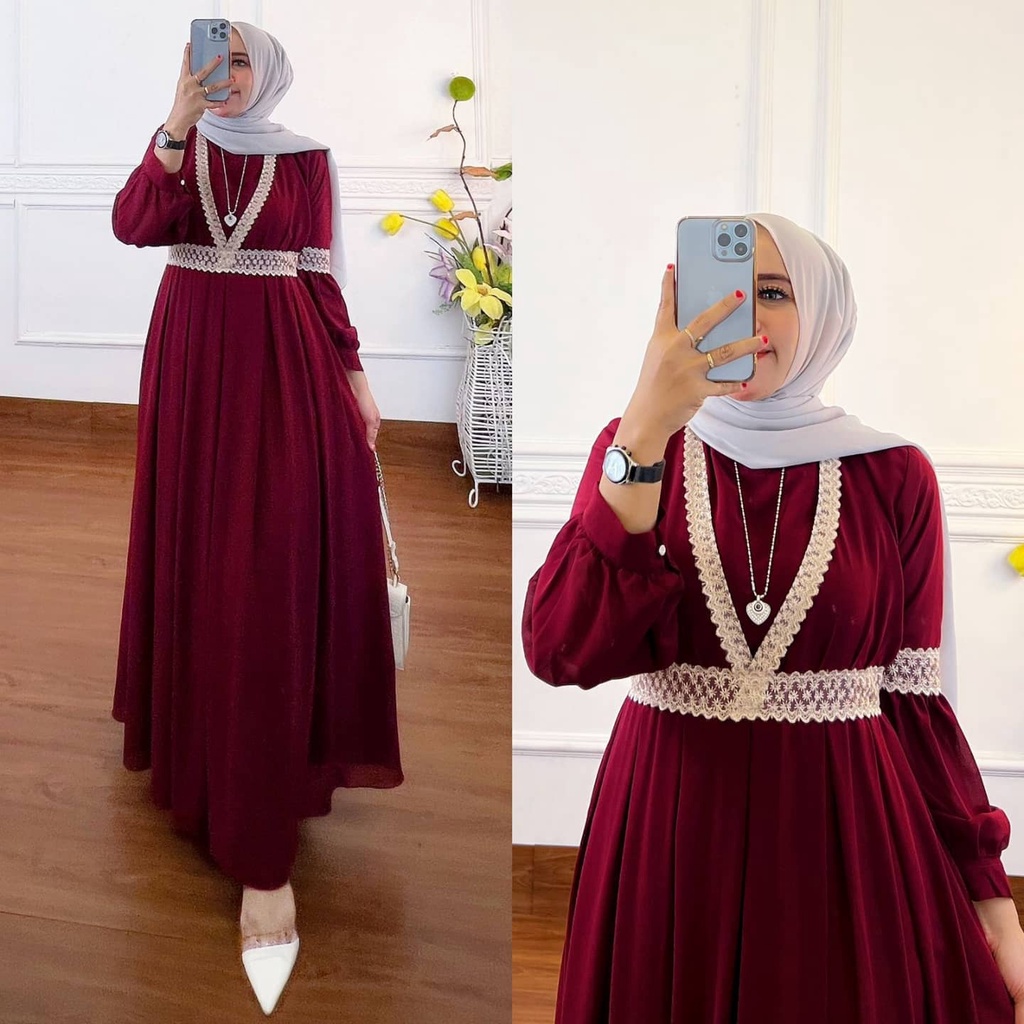 COD - Qaisha Dress Muslim Ceruty Aksen Renda Import Premium Fashion Gamis Gaun Maxy Lebaran Pesta Kondangan Terbaru-Maron