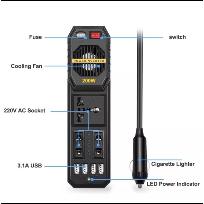 Car Charger 200W 12V Power Inverter Adaptor Converter - Charger Mobil