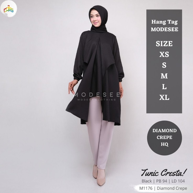 Modesee Atasan Tunik Hitam Polos Wanita Muslim, Tunik Cresta Bahan Diamond M1176, Atasan Hitam Wanit