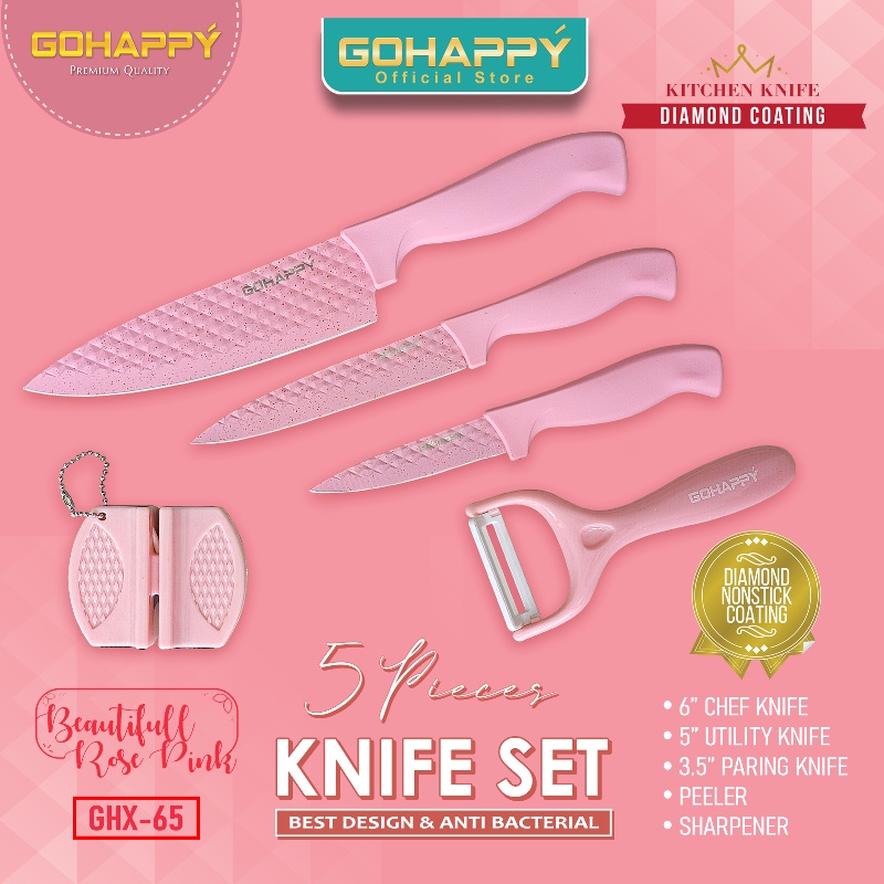 PISAU SET GOHAPPY DIAMOND 5 PCS Nonstick and anti bacterial knives set GHX65