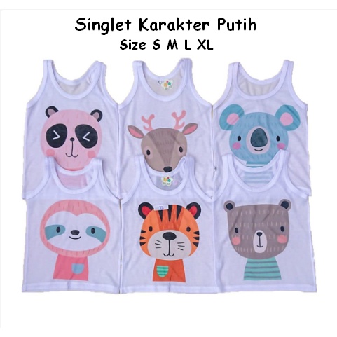 Kaos Dalam Bayi SINGLET Kutung PUTIH Motif Karakter Usia 0 sd 24 Bulan Unisex