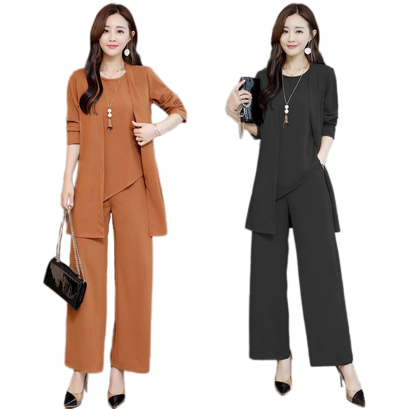 One Set 3Pcs Setelan Wanita Longgar Kasual Katun Jaket Mantel Lengan Panjang + Rompi + Celana Wide Leg Stelan