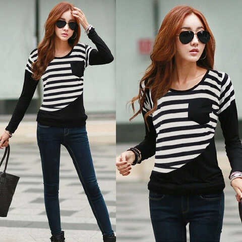 FMJ 458 Pakaian Baju Blus Wanita Perempuan Cewek Moscow OX Blouse Spandek Hitam Salur Lengan Panjang