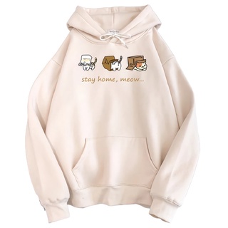 Sweater Hoodie Anak Perempuan STAY HOME MEOW Cream Bahan Fleece Tebal Murah #0