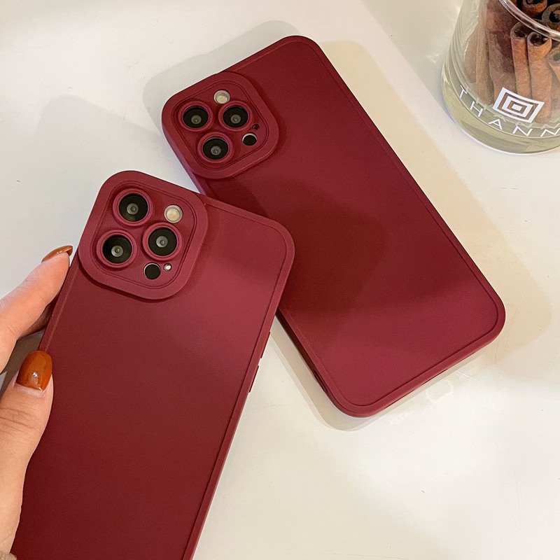 Korean Style！Red Wine Color Soft Silicon Case iP iPhone 7 8 + Plus X XR SE 2020 XS Max 11 12 13 Pro Max Camera Protector