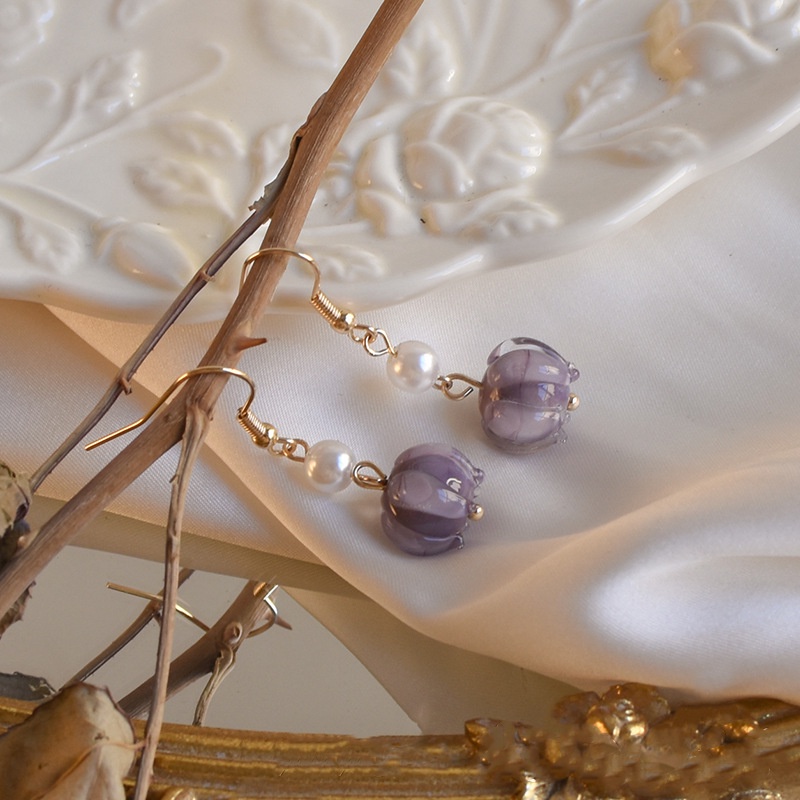 Anting Mutiara Bentuk Bunga Warna Ungu Gaya Vintage