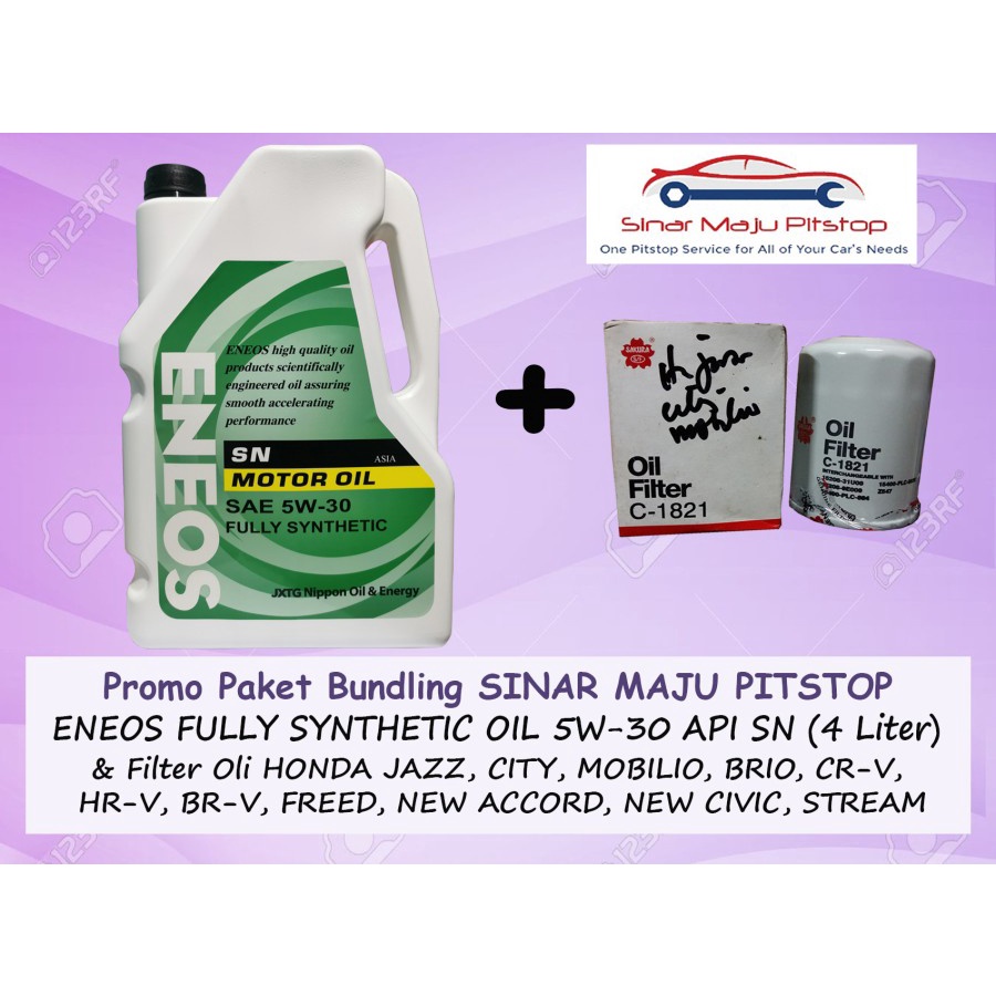 Paket Bundling Oli ENEOS MOTOR OIL SAE 5W-30 SN FULLY SYNTHETIC Original 4 Liter & Filter Mobil HOND
