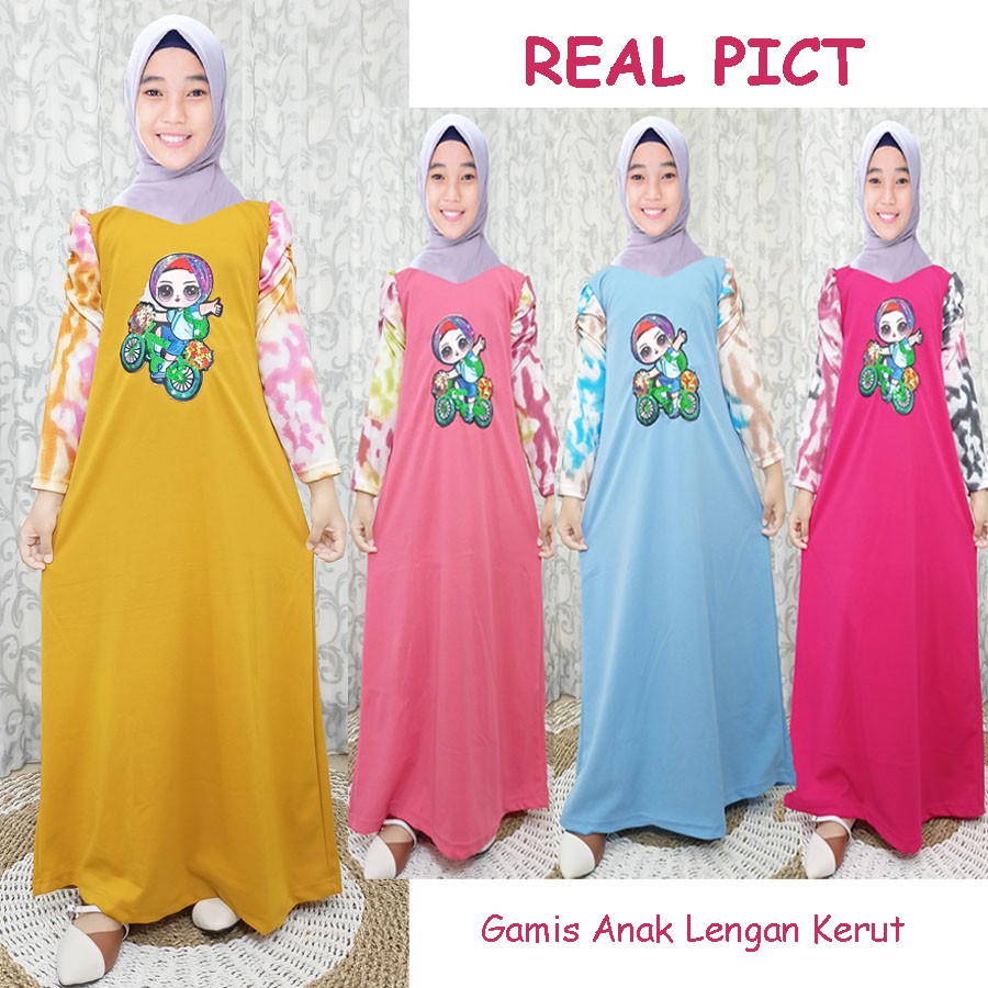 DRESS ANAK LENGAN KERUT TIE DYE GAMIS GAMBAR ANAK SEPEDAAN CARLINA