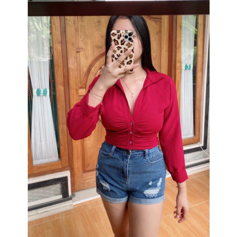 Top Kancing Kerut Lengan Panjang Air Flow