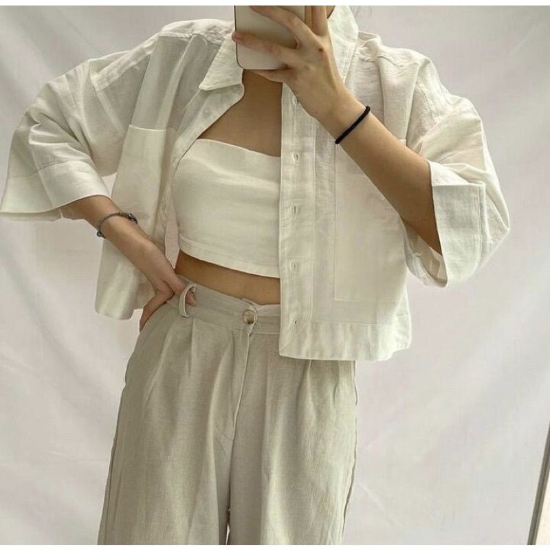 Mythical - Outer shirt crop two Pocket / kemeja crop linen lengan  / kemeja polos murah / baju atasa
