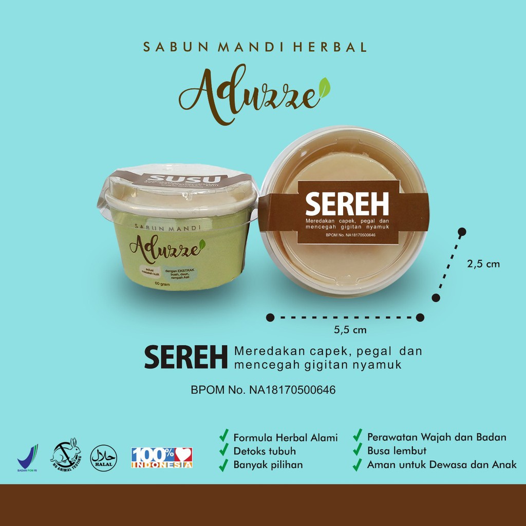 Sabun Herbal SEREH Aduzze Anti Gatal Nyamuk Menghilangkan Pegal Capek - Original isi 50 Gram Sabun Wajah Badan - 100% ALAMI - BPOM