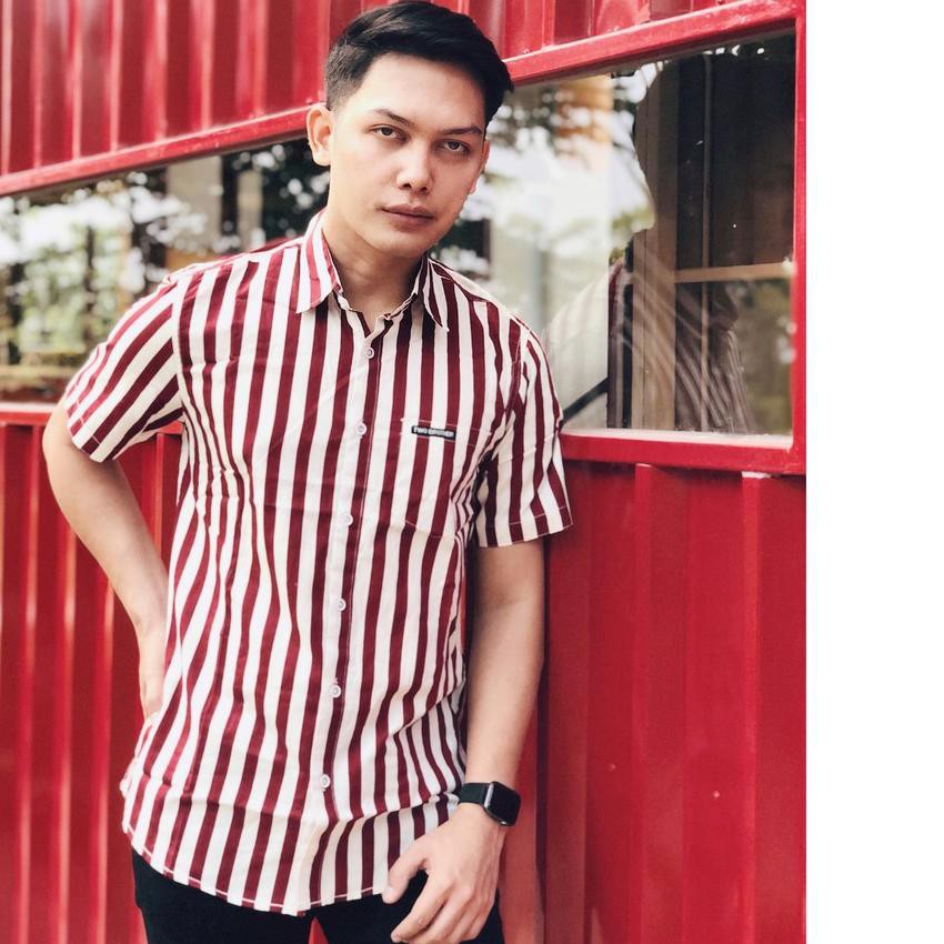 ❁ Kemeja stripes white red/kemeja pria stripe garis putih merah maroon ♨