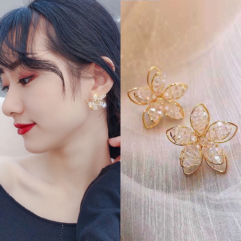 Anting Stud Kristal Ganda Bentuk Bunga Untuk Aksesoris Perhiasan Wanita