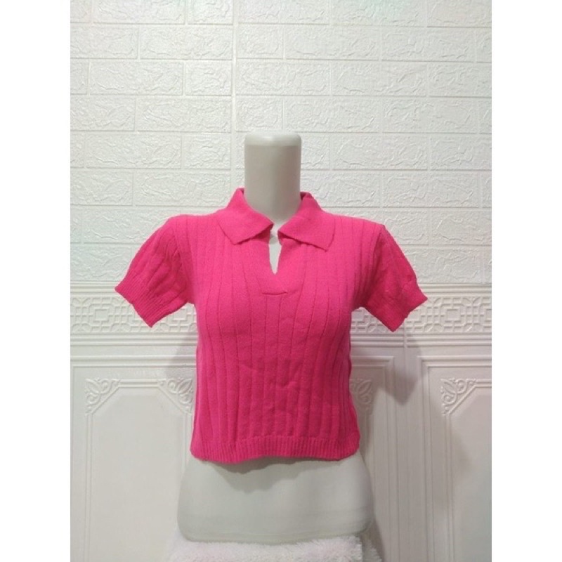 Atasan Kerah polo Rajut - Vneck Crop Top Blouse - Polo Shirt Atasan Wanita