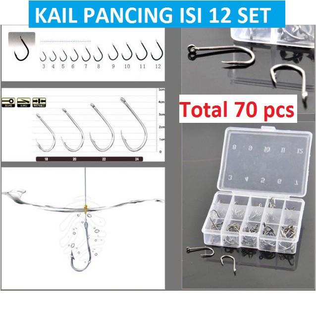 KAIL PANCING ISI 70 PCS - Long Handled Fishing Hook Ten Division No 3-12 Set