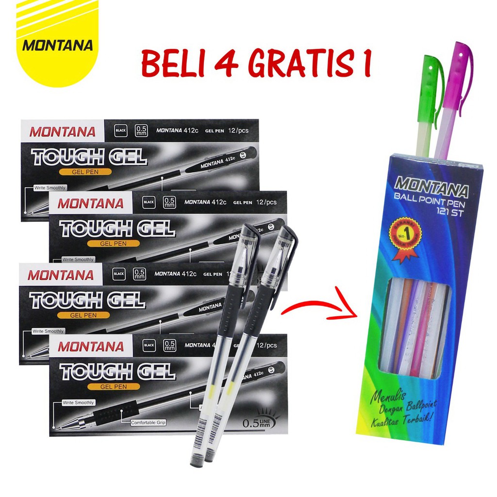 

MONTANA Bundling Tough Gel Puplen 4 Lusin Gratis 1 Lusin Ballpoint Pen 0.7mm Fine tip Alat Tulis