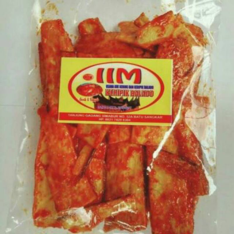 

Keripik balado panjang berat 250gr saous balado nya lebih banyak