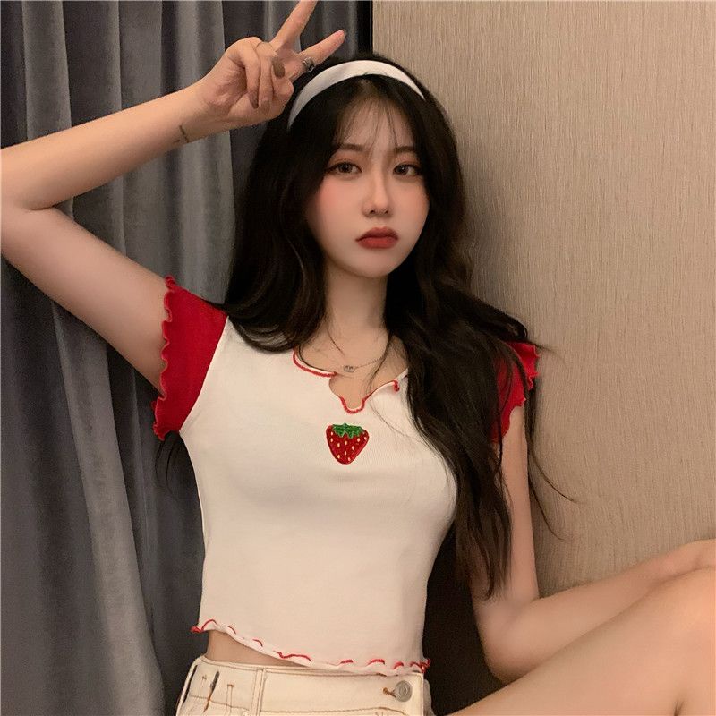 Kecil V-neck T-shirt chic perempuan musim panas pakaian luar bersih merah mschf Hong Kong rasa lengan pendek paragraf pendek Hyun Ya angin strawberry top