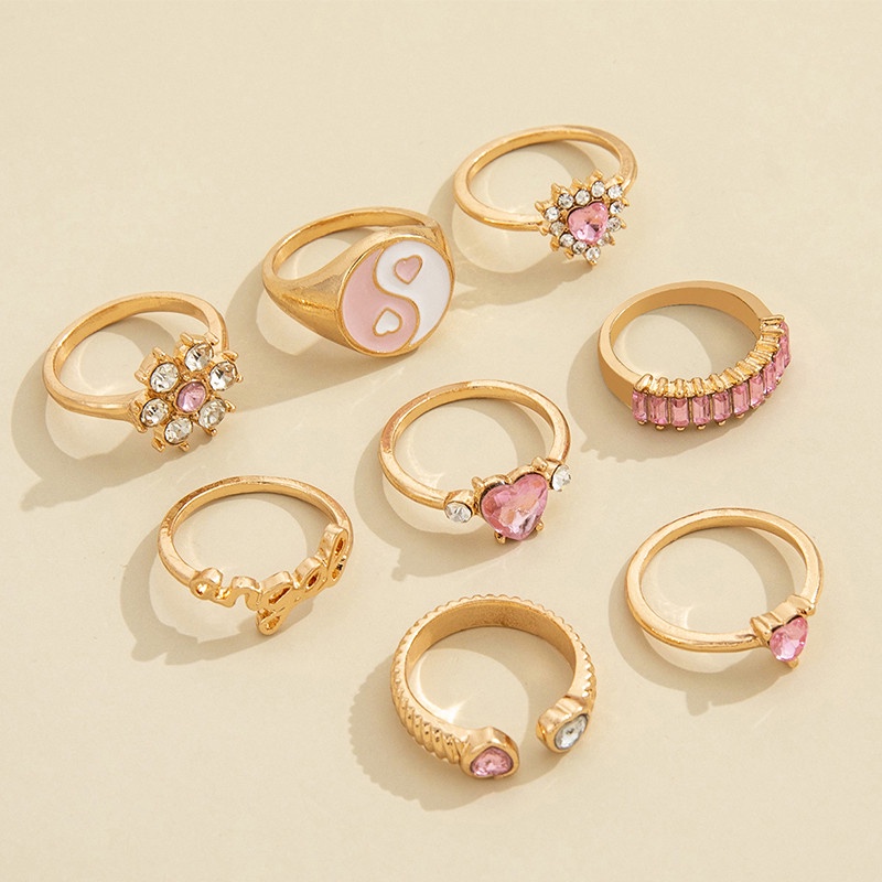 8pcs / Set Cincin Desain Bunga Tulisan Love Aksen Berlian Penuh Warna Pink Untuk Wanita