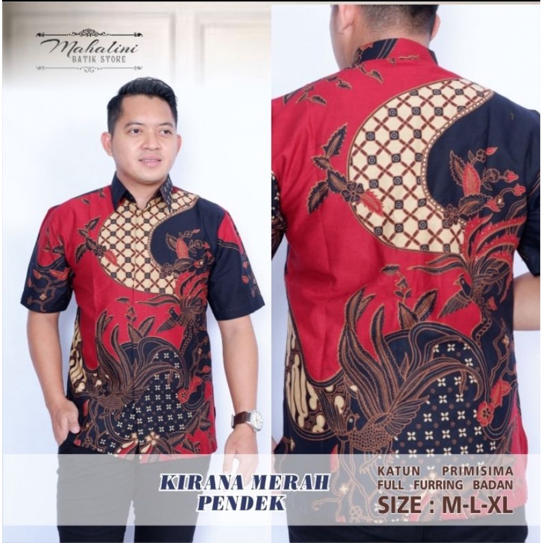 kemeja batik lengan pendem warna merah bahan katun halus lapis furing hem batik merah kirana pendek