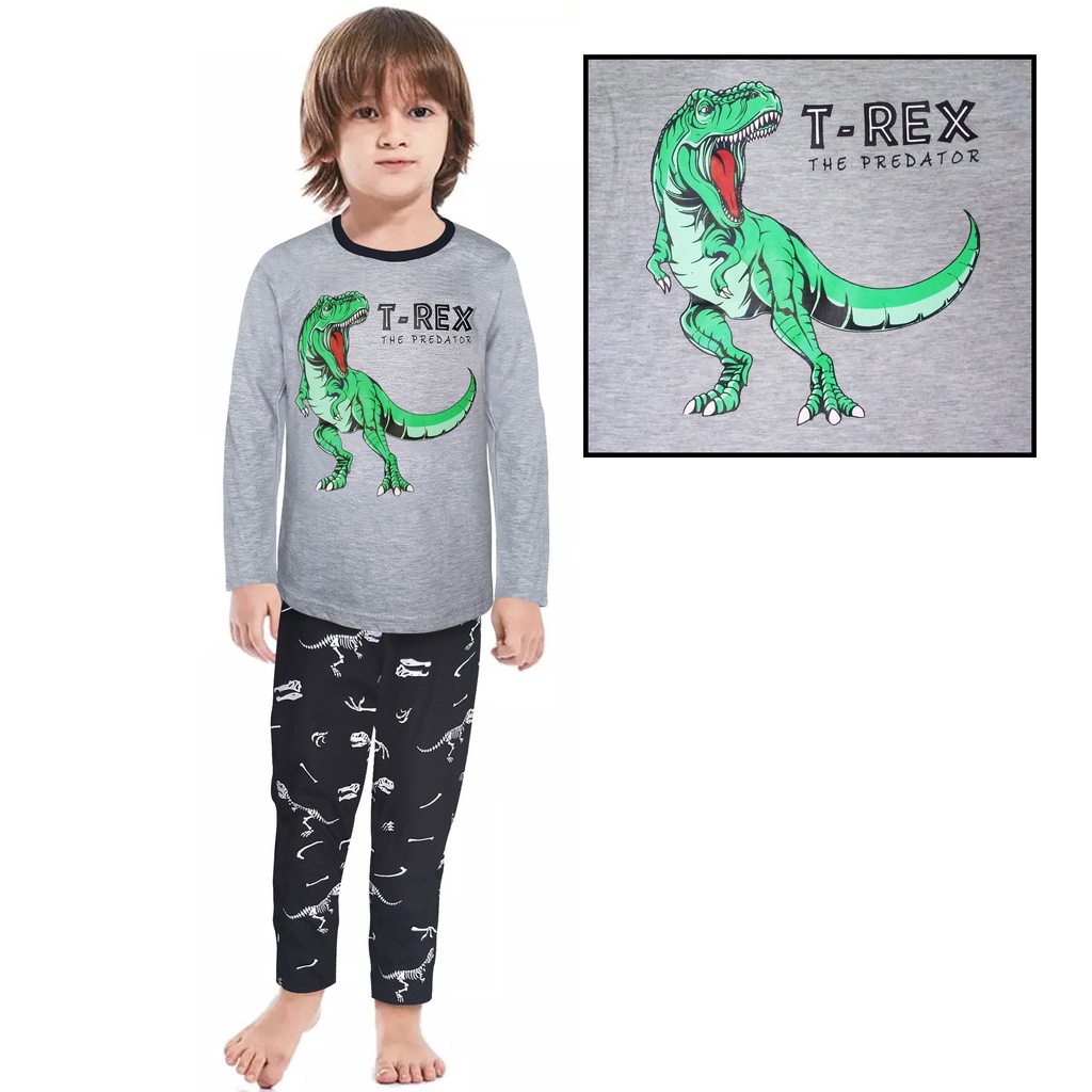 Setelan Baju Tidur Piyama Anak Cowok Lengan Panjang Dan Lengan Pendek Usia 1 - 12 Tahun Motif Dinosaurus