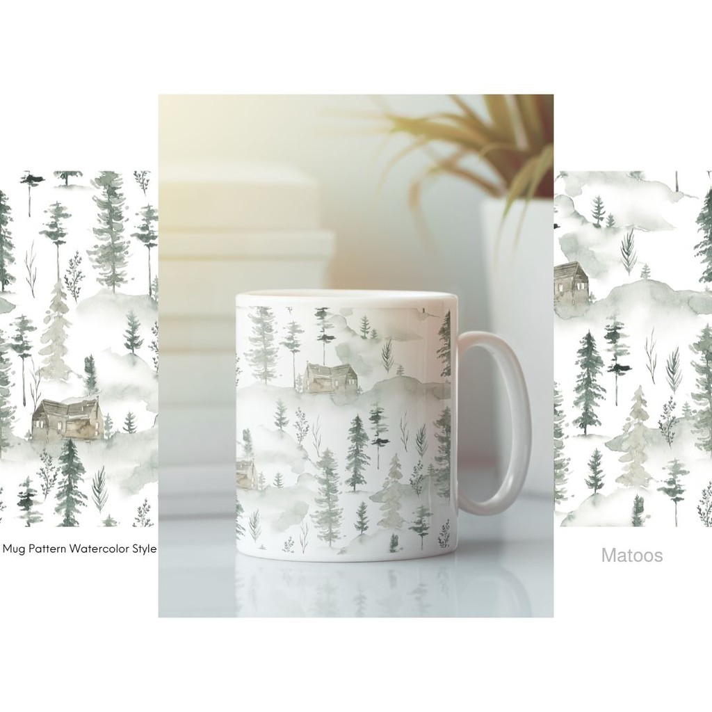 

Mug Pattern Watercolor Painting Style Forest House Costum