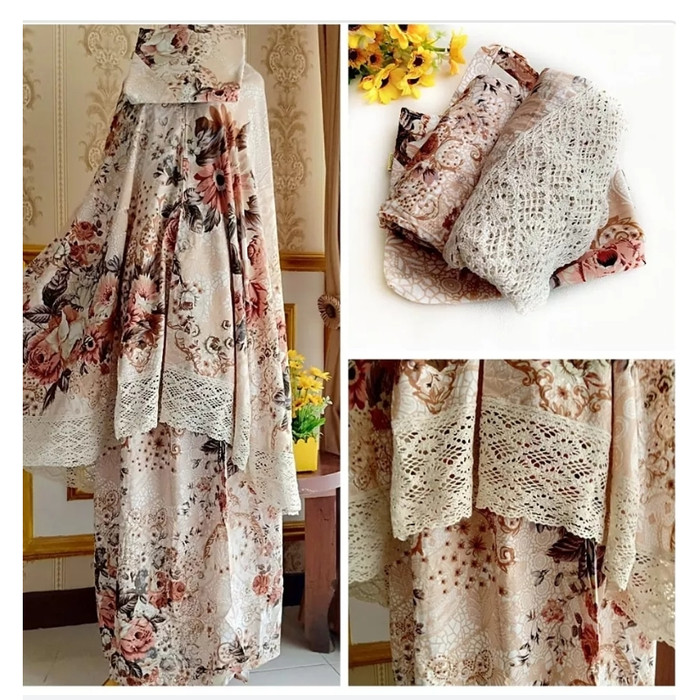 Baru Perlengkapm Sholat Mukena Dewasa Katun Jepang Renda Floren Crem Renda - Cokelat