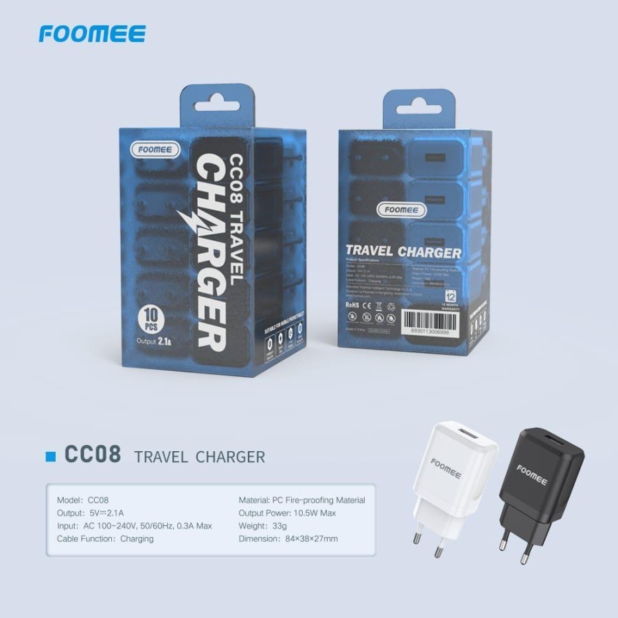 A_   Foomee CC08 Travel Charger (PERPCS/ECERAN) 1 USB Port 2.1A Original Foomee