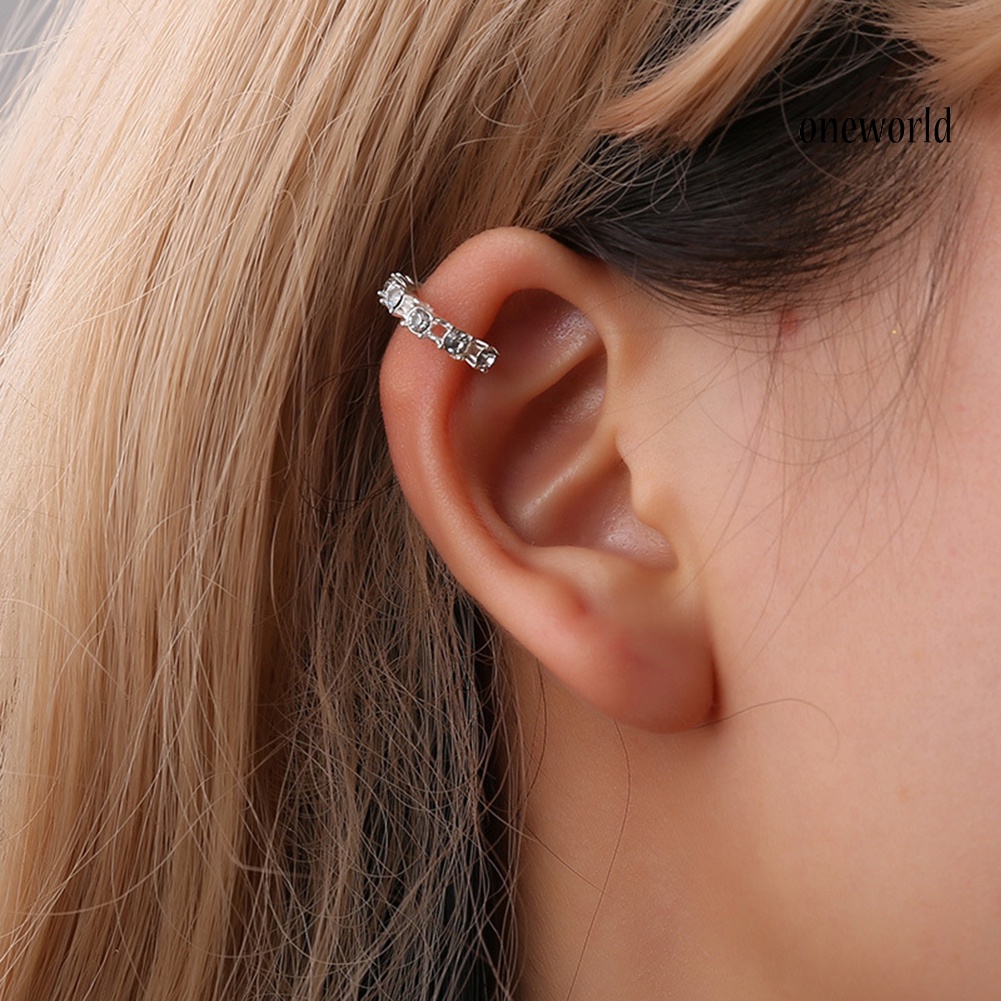 OW@ 1Pc Women Fashion Rhinestone Ear Clip on Cuff Earrings Non-Piercing Jewelry