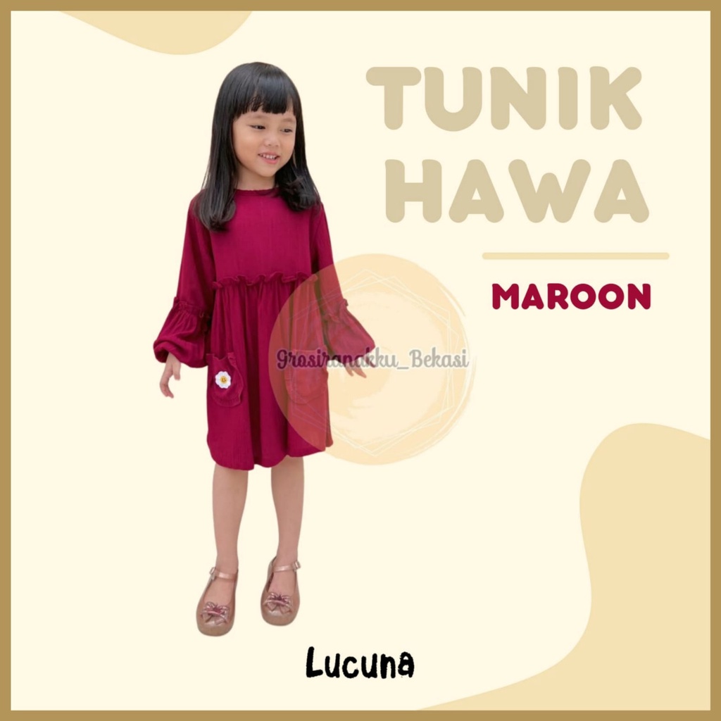 Tunik Anak Hawa Rayon Crincle Lucuna Warna Maroon 2-10tahun