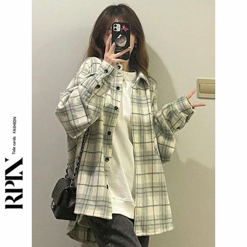 Fat M2-300 Catties Amerika Retro Kemeja Kotak-kotak Jaket Wanita Musim Semi dan Musim Gugur BF Pasang Nasional Desain Rasa Niche Hong Kong Rasa Kemeja