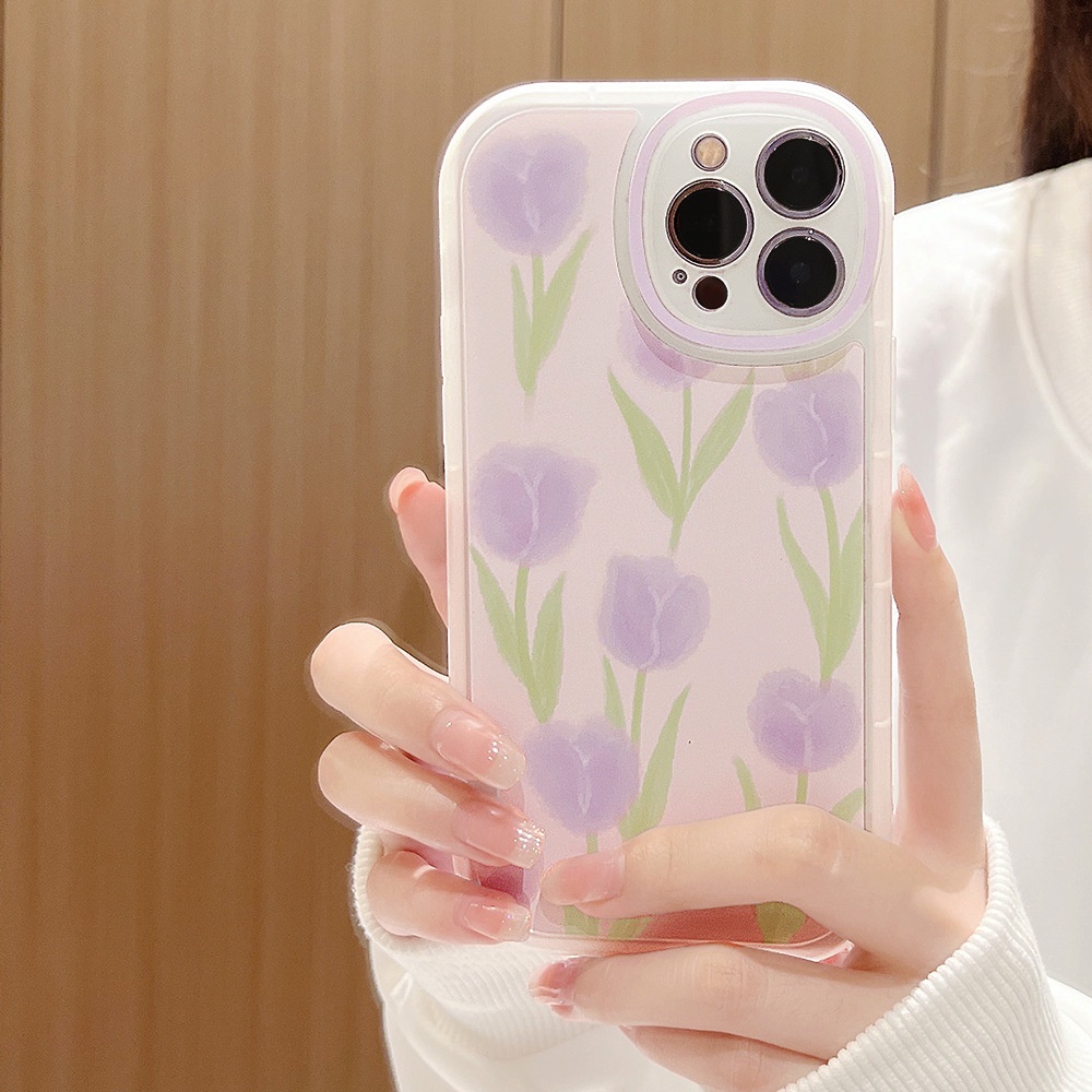 Case Pelindung Motif Bunga Tulip Ungu Dengan Rantai Ikatan Simpul Untuk Iphone 11 8 7 Plus SE2 XS XR 12 13 Mini PRO MAX