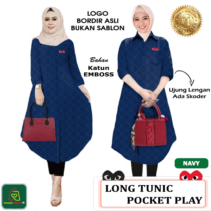 Baju Atasan Tunik LONG TUNIC PLAY POCKET JUMBO Wanita Muslim Bahan Katun Emboss Premium Size XL-XXL / 17656 17659