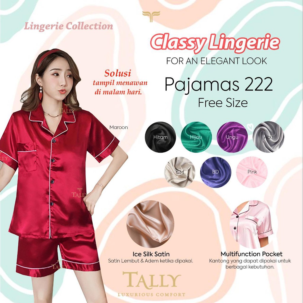 TALLY BAJU TIDUR / PAJAMAS PIYAMA SET CELANA 222 I FREE SIZE I FIT M-L I BAHAN SATIN