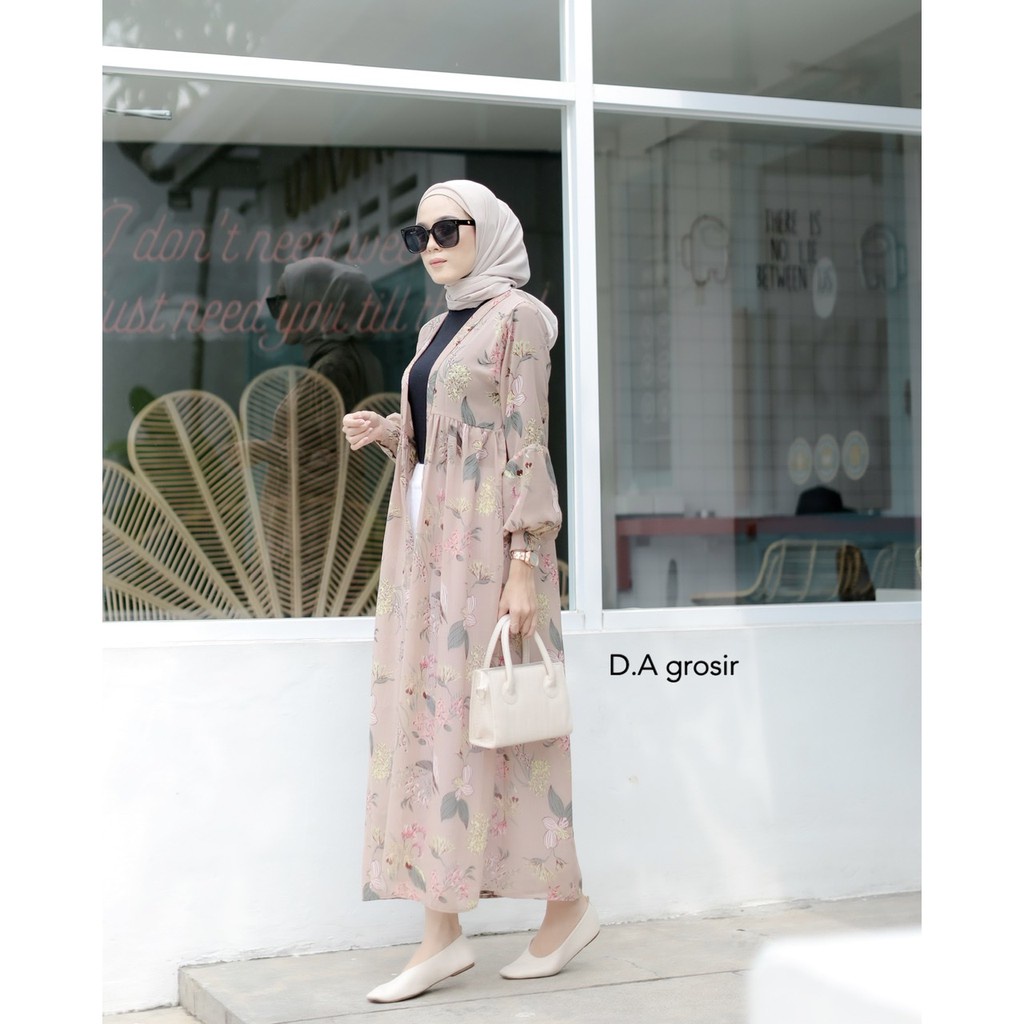 Zora Long Cardy Ceruty Babydoll Premium Long Outer Dress Muslim OOTD Hijab-mocca / coklat