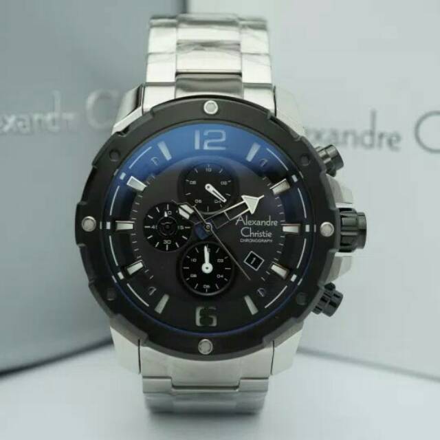 JAM TANGAN PRIA / COWOK ALEXANDRE CHRISTIE SILVER BLACK TALI RANTAI ORI - HITAM PUTIH AC 6410 LAKI