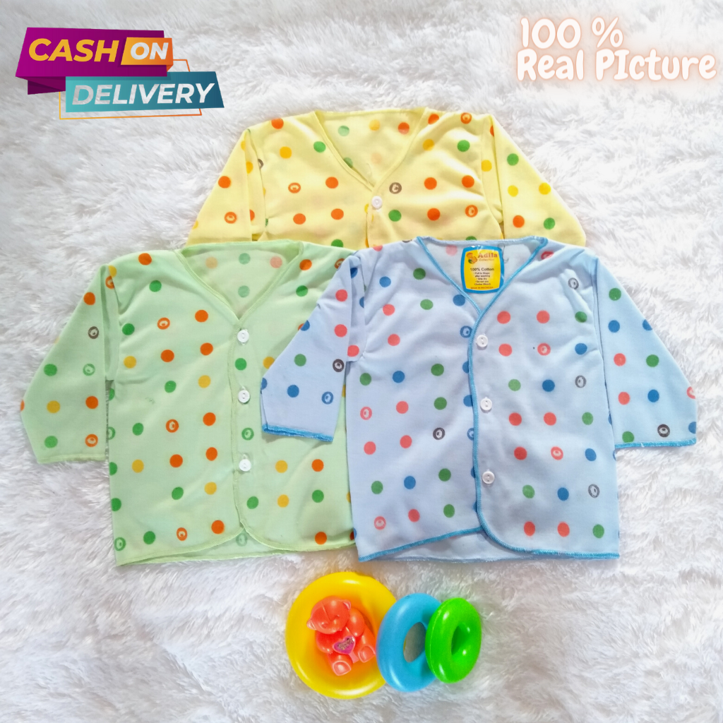 3PCS Baju Bayi Baru Lahir Lengan Panjang Motip Polka Newborn 0-6 Bulan