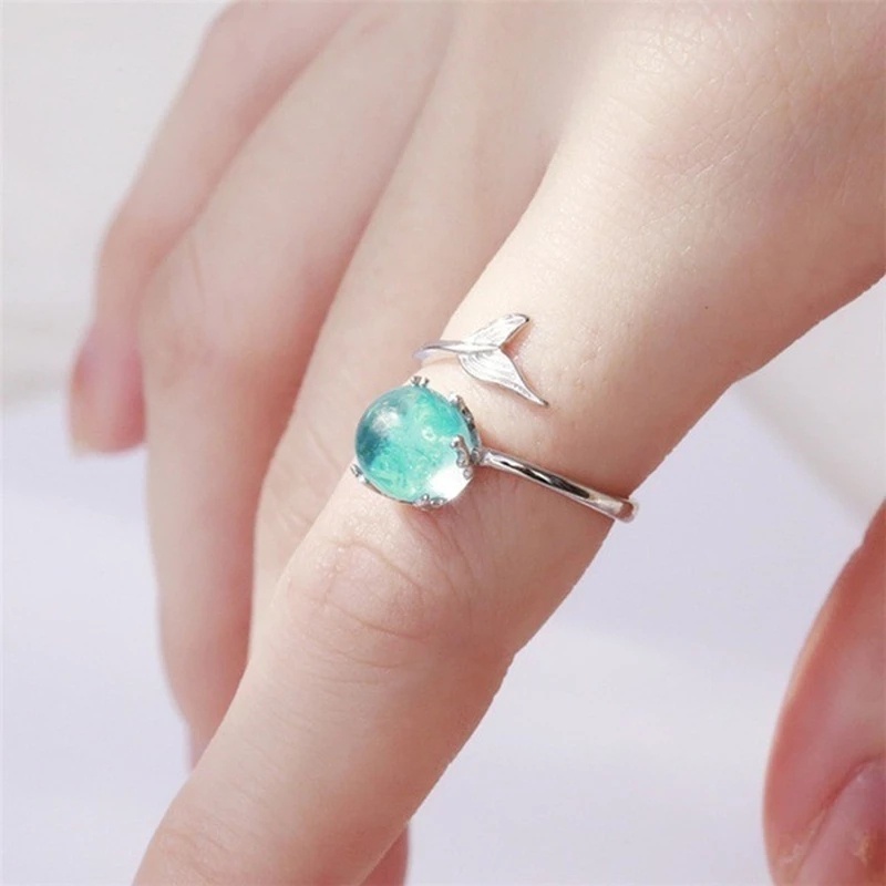 Cincin Model Terbuka Dapat Disesuaikan Desain Ekor Ikan Duyung Aksen Batu Permata Biru Kristal Gaya Retro Untuk Wanita