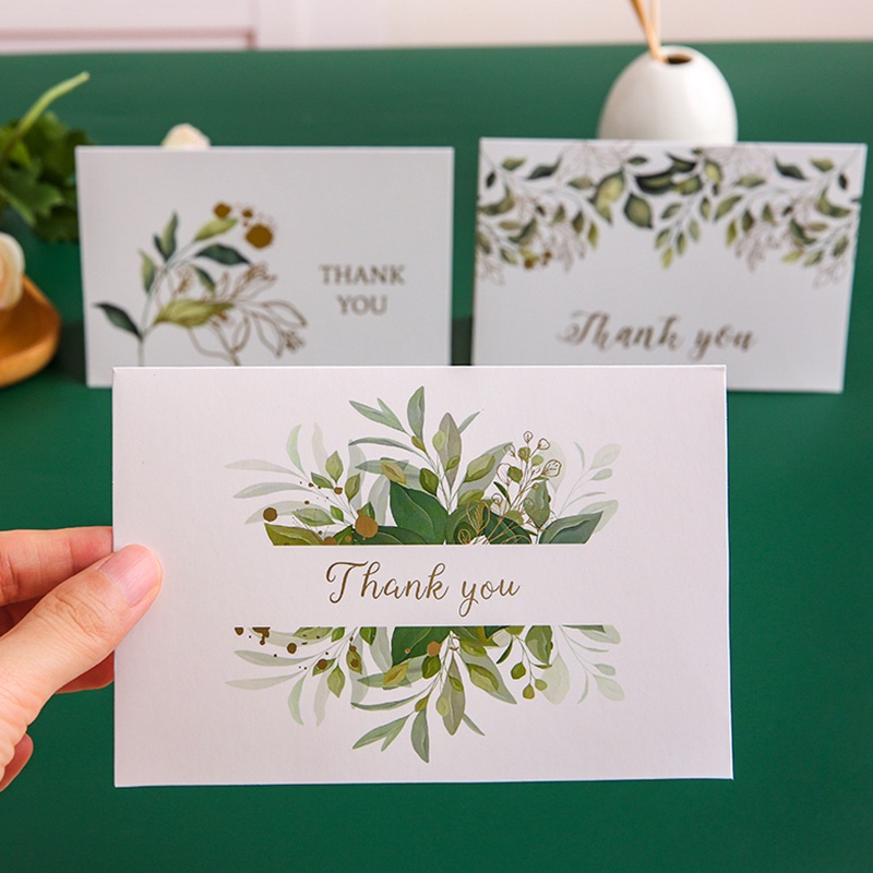 6 Pcs INS Bronzing THANK YOU Greeting Cards with Envelopes Green Leaves Message Cards