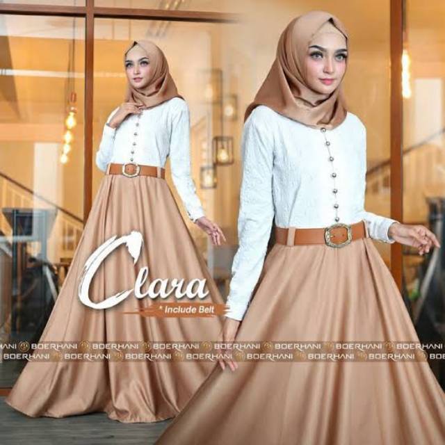 Gaun Casual Outfit Gamis Pesta Muslimah Mewah Clara Dress Boerhani Putih Coklat Mocca Murah Busui