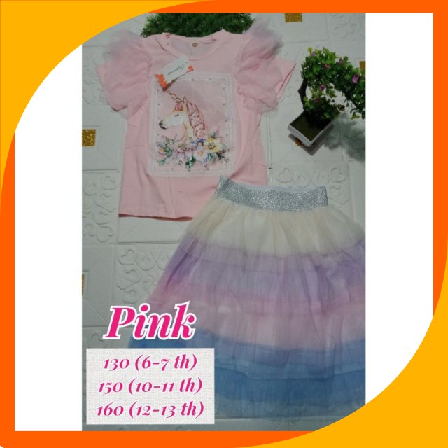 setelan rok tutu import premium 5-13 tahun unicorn / setelan rok tutu import unicorn rainbow