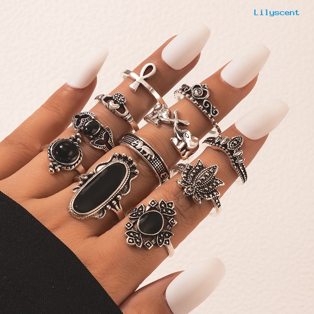 11pcs / set Cincin Knuckle Bentuk Hati Bahan Alloy Aksen Permata Imitasi Warna Hitam Gaya Bohemia