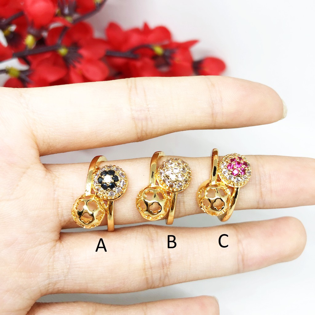 Cincin Xuping Lapis Emas Model Bulat Batu Pink Hitam Putih - BR356